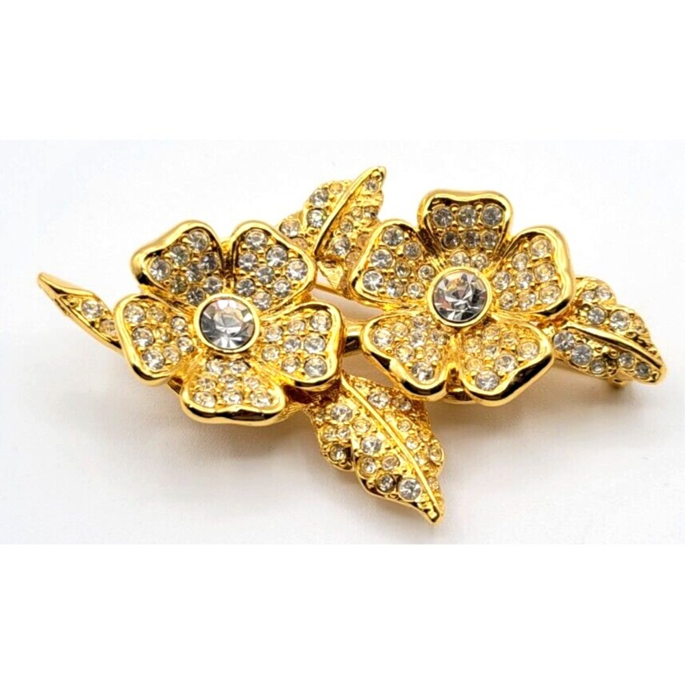 JOAN RIVERS GOLD TONE RHINESTONE FLOWER BROOCH PIN W/ DETACHABLE CLIP ON EARRING
